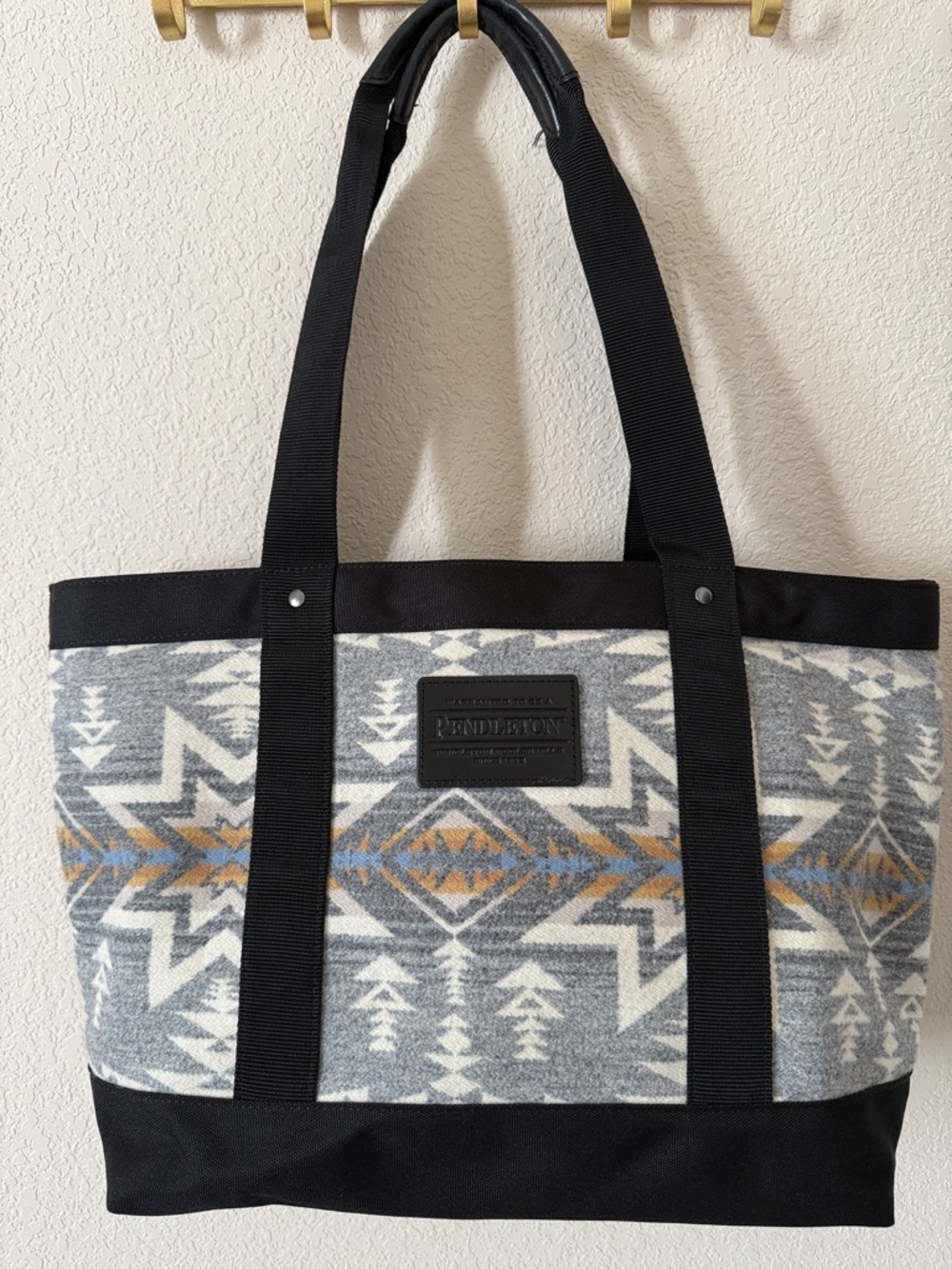 Pendleton Gray, White & Gold Aztec Wool-Blend Tote with Black Straps